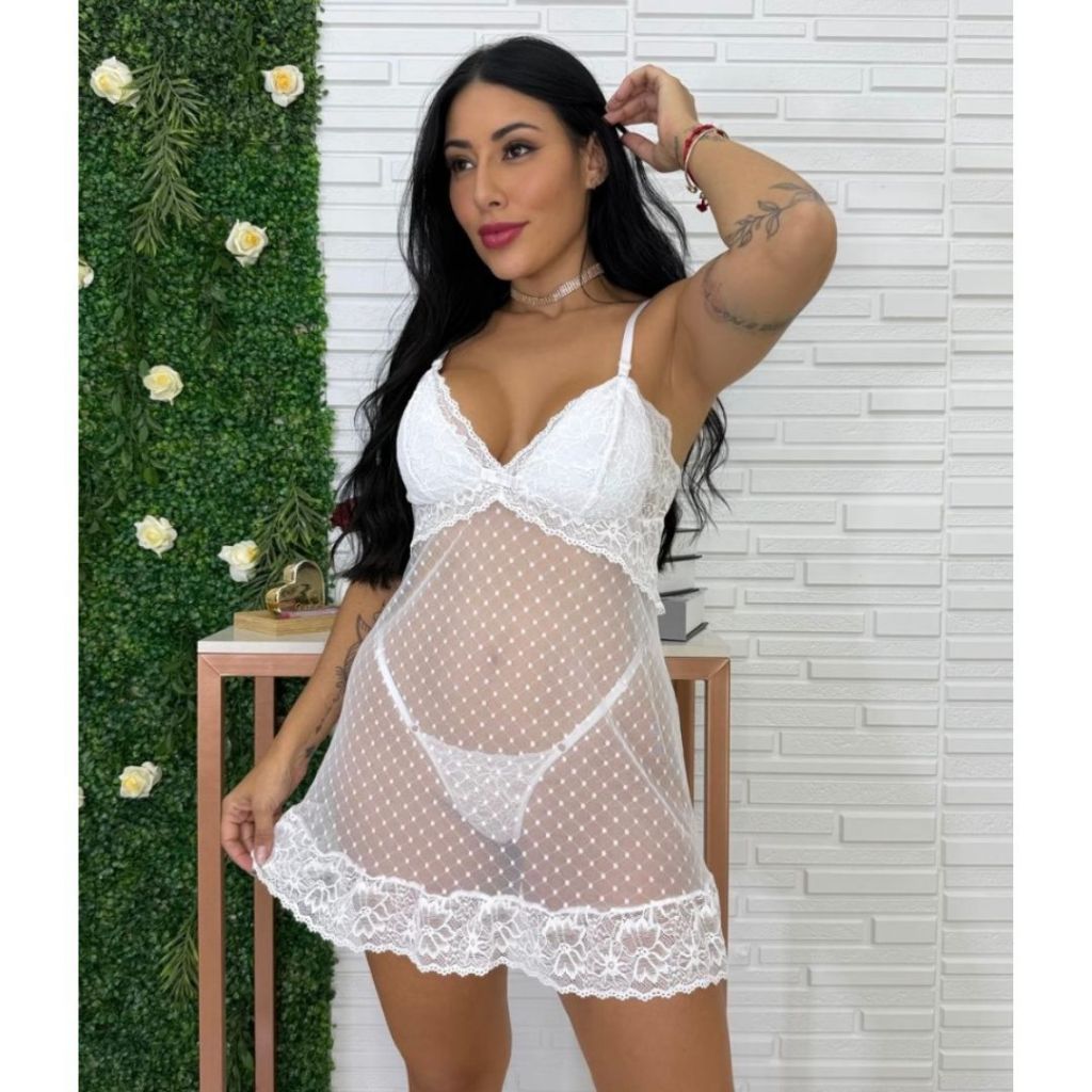 Camisola Branca Tule Poá Lingerie Sensual Transparente com Renda + Calcinha | Babydoll Feminino Delicado