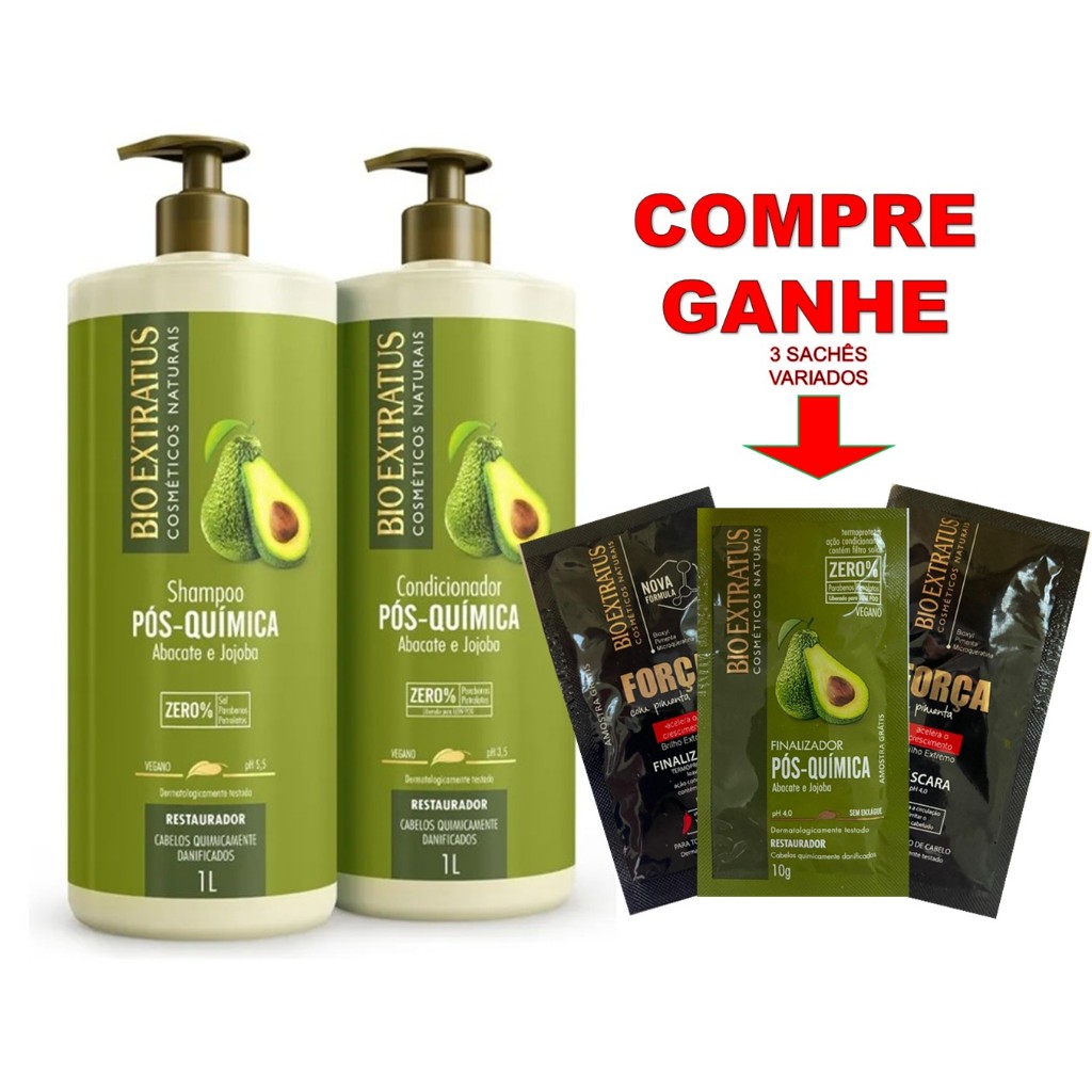 kIT 2 LITROS PÓS QUÍMICA BIO EXTRATUS: SH 1L+COND 1L + BRINDE 3 SACHÊS VARIADOS em Oferta na Shopee