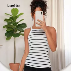 Lovito Regata feminina Casual listrada com Gola Americana TKB90BRL119