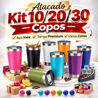 Copo Térmico Inox 473ml com Tampa e Abridor Kit 5 a 20 Peças - Gelado 4h - Churrasco Festa Camping em Oferta na Shopee