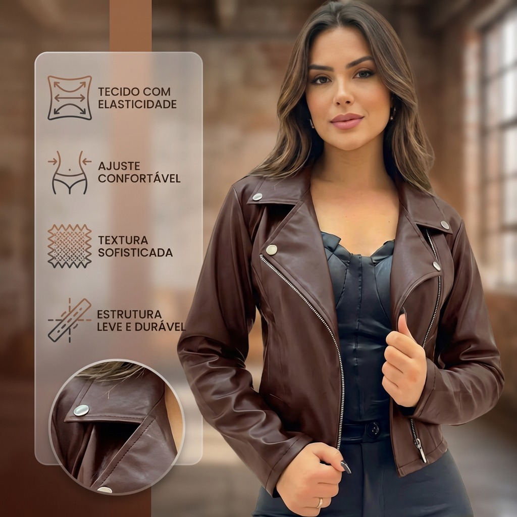 Jaqueta De Couro Feminina Com Ziper Inverno Elegante
