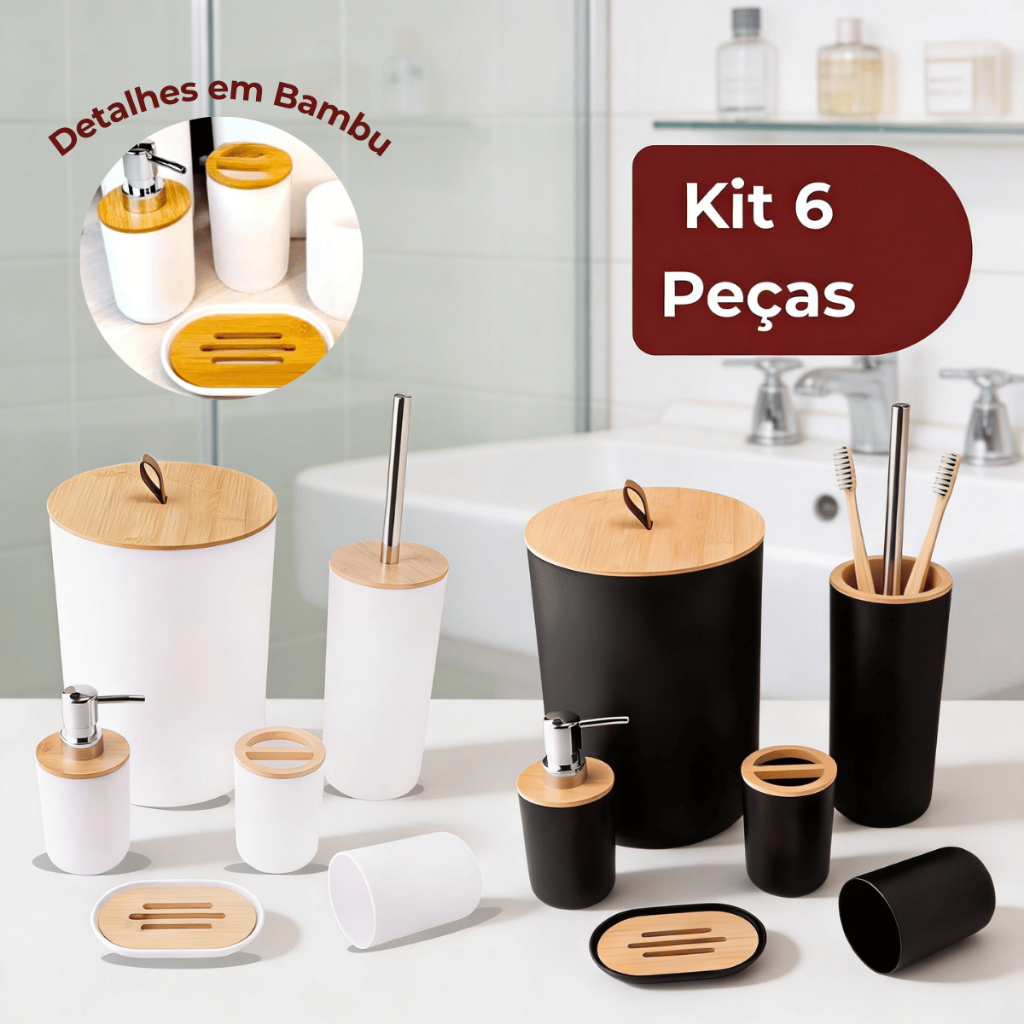 Kit Banheiro 6 Peças em Bambu com Lixeira Luxo e Puxador de Couro em Oferta na Shopee