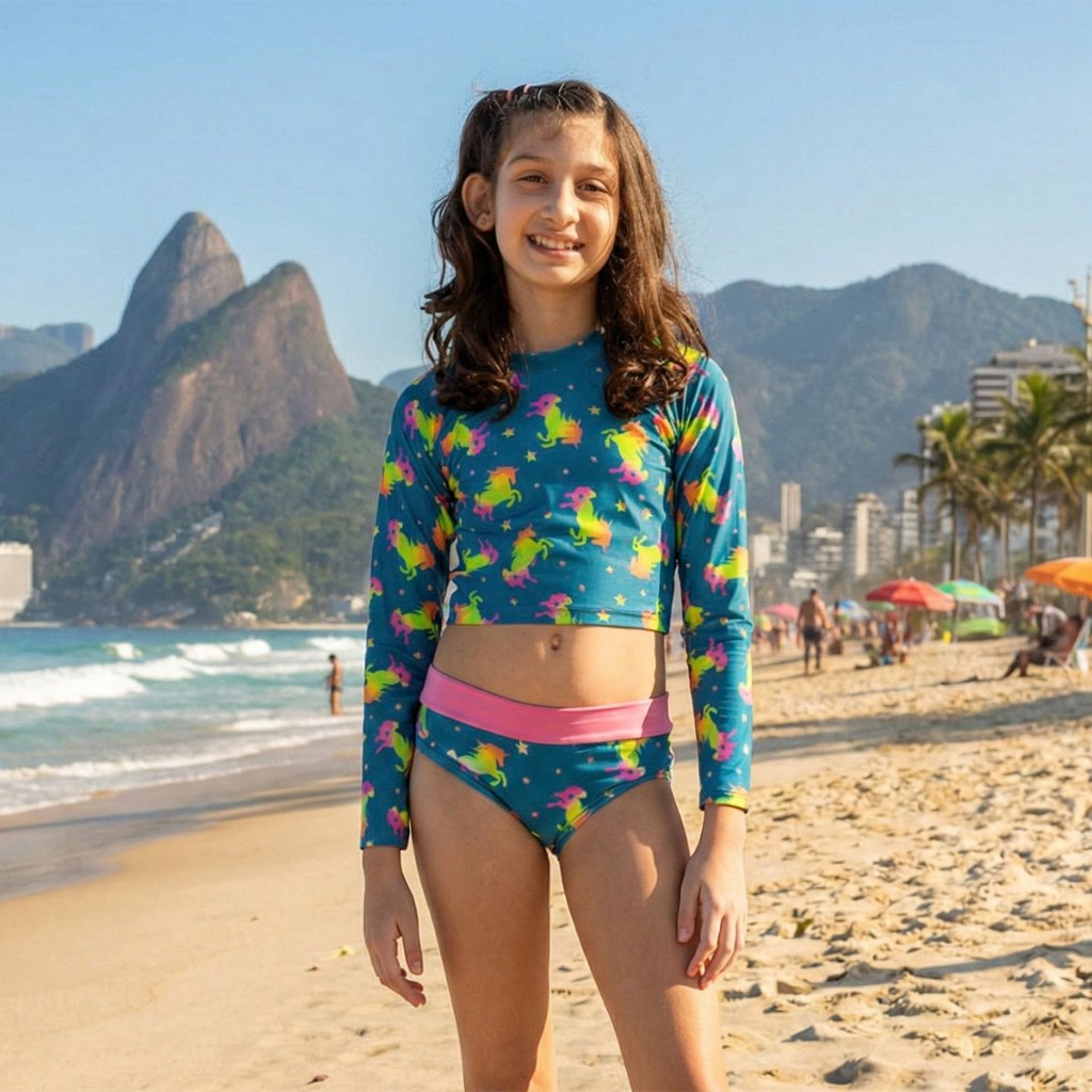 Biquíni Infantil Proteção UV 50+ Diju Cropped Manga Longa Feminino Unicórnios Azul Menina Praia e Piscina