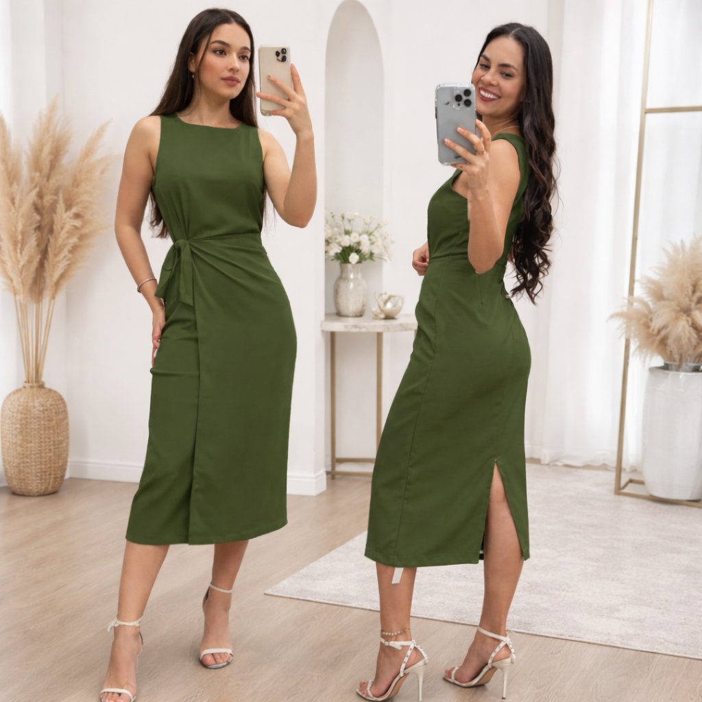 Vestido Feminino Alfaiataria Midi casual Elegante com Amarração Lateral e Zíper nas Costas em Oferta na Shopee