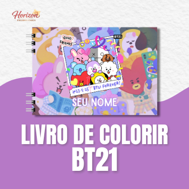 LIVRO DE COLORIR BT21 50 FOLHAS 180G COM SEU NOME PERSONALIZADO GRUPO KPOP BTS
