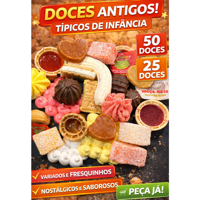 Doces antigos típicos de infancia 50 e 25 unidades Atacado Revenda