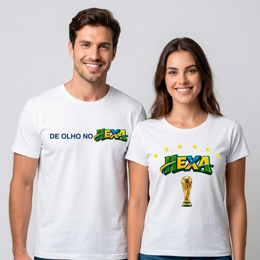 Kit Camiseta Casal Brasil Copa Hexa Camisa Algodão Torcida Copa do Mundo Namorados Torcedor Presente