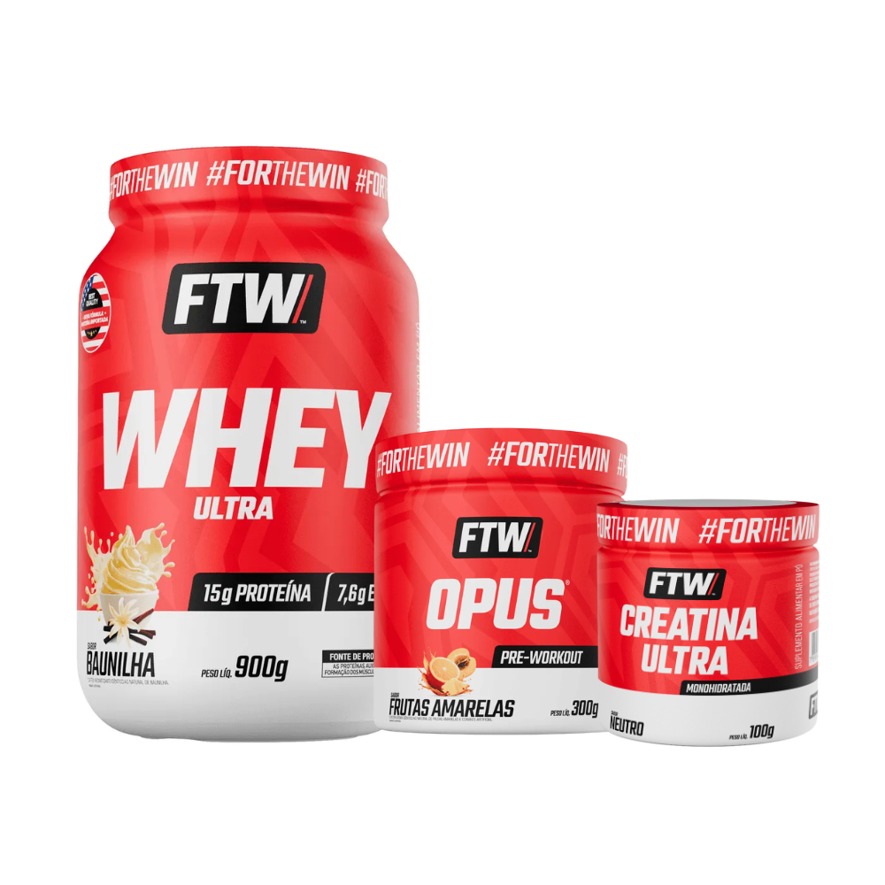 Kit FTW Whey Ultra 15g Proteína Pote 900g + Creatina Ultra 100g + Pré-Treino Opus Sabor Frutas Amarelas 300g