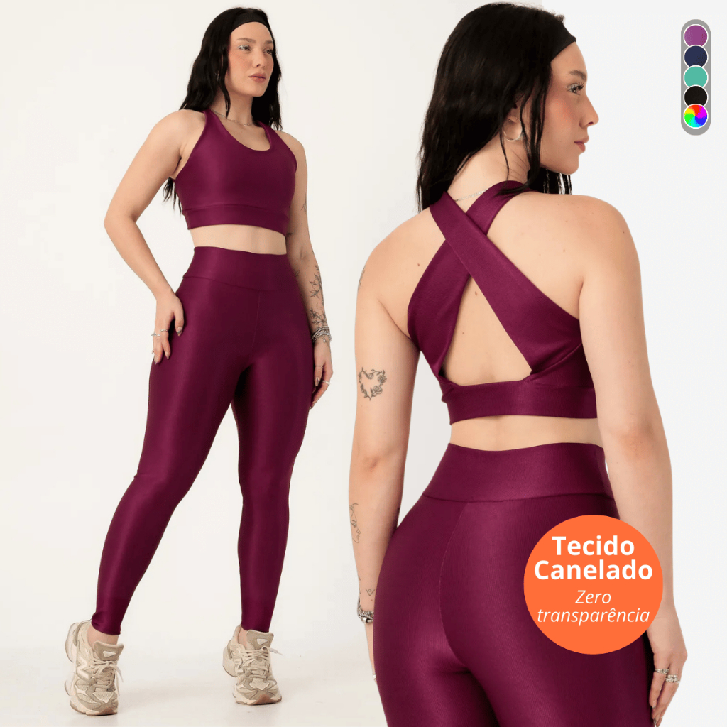 Conjunto Feminino Fitness Canelado Zero Transparencia Legging e Top Academia Treino em Oferta na Shopee