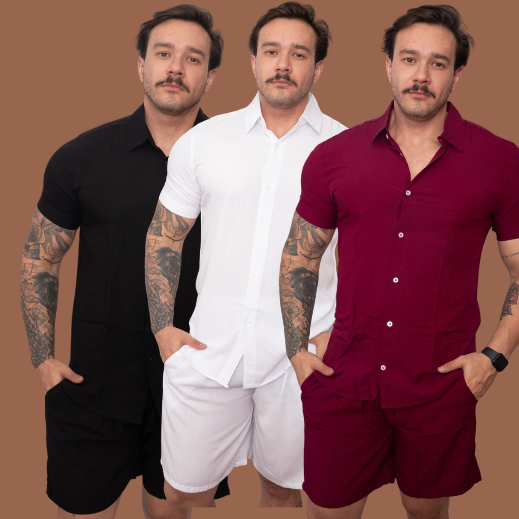 Conjunto liso masculino Camisa Social slim fit Manga curta férias na praia viscolinho