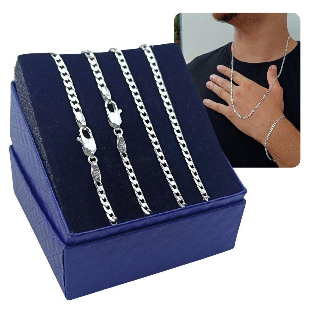 Conjunto Pulseira + Corrente Prata 925 Legítima 3mm Fininha Presente Masculino Italiana