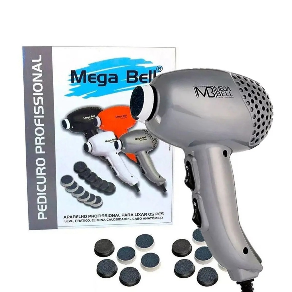 Pedicuro Elétrico Profissional Esfoliador Para Lixar os Pés Mega Bell NA COR PRATA + 12 Lixas Descartáveis -110V ou 220V