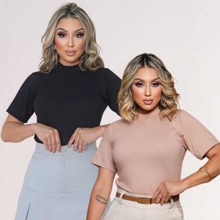 Kit 2  Blusas Femininas Gola Alta T shirts Estilosa 100% algodão Camiseta Basica Lisa 100% Algodao em Oferta na Shopee