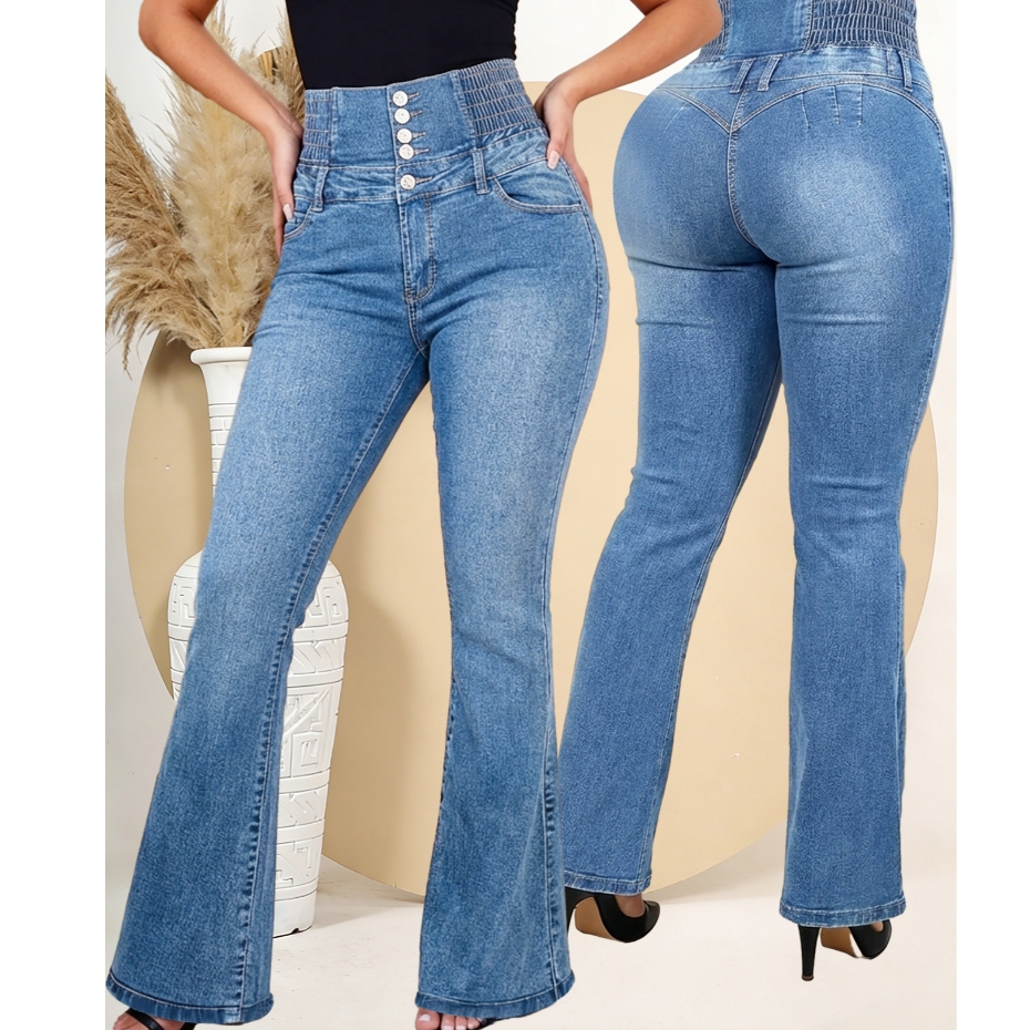Calça Jeans Feminina Três Botões Flare Cintura Alta Modelagem Empina Bumbum em Oferta na Shopee