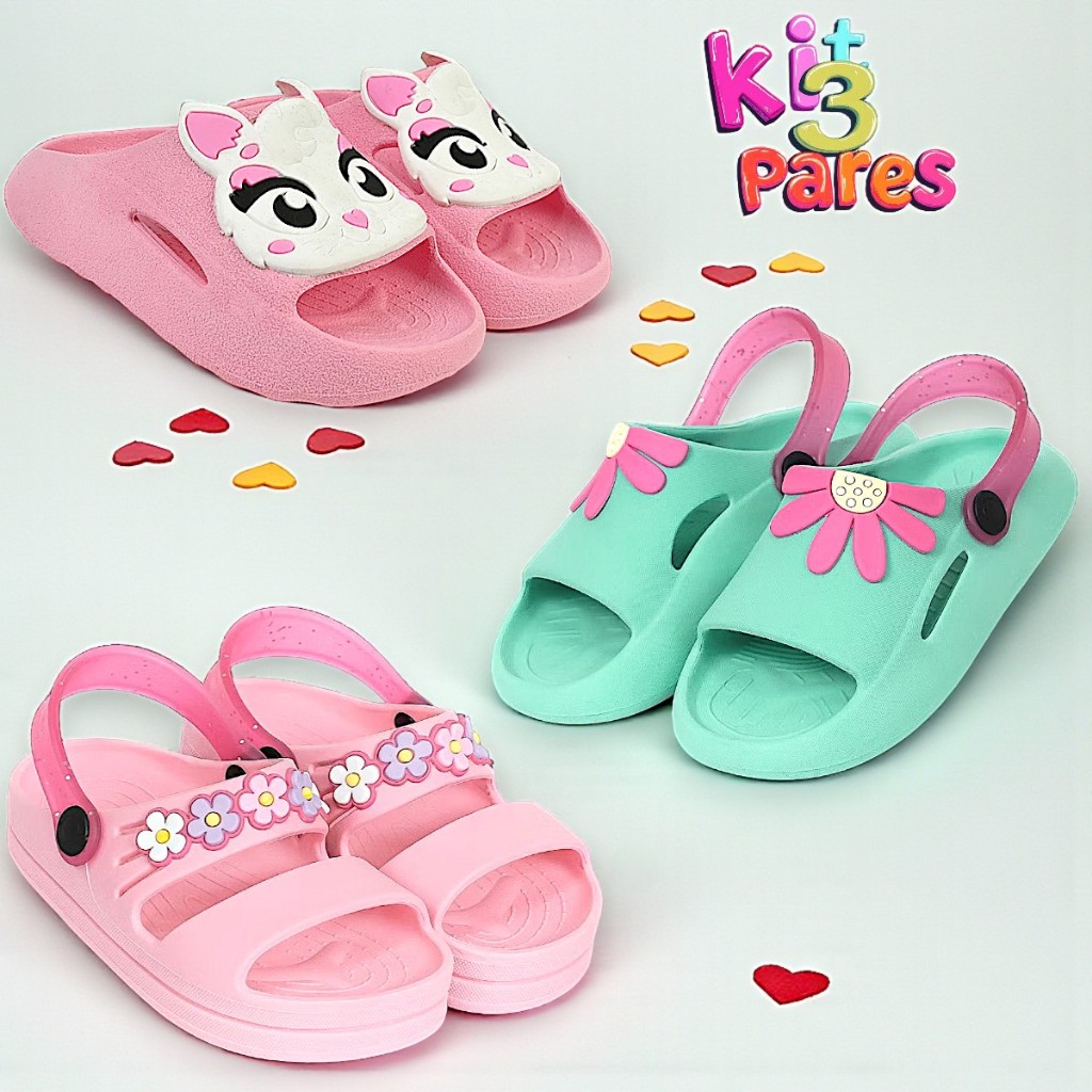 Kit 3 Pares Sandália Chinelo Menina Infantil Leve Confortável e Anatômico em Oferta na Shopee