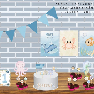 Kit festa em casa aniversário personalizado fundo do mar oceano mesversário só um bolinho em Oferta na Shopee