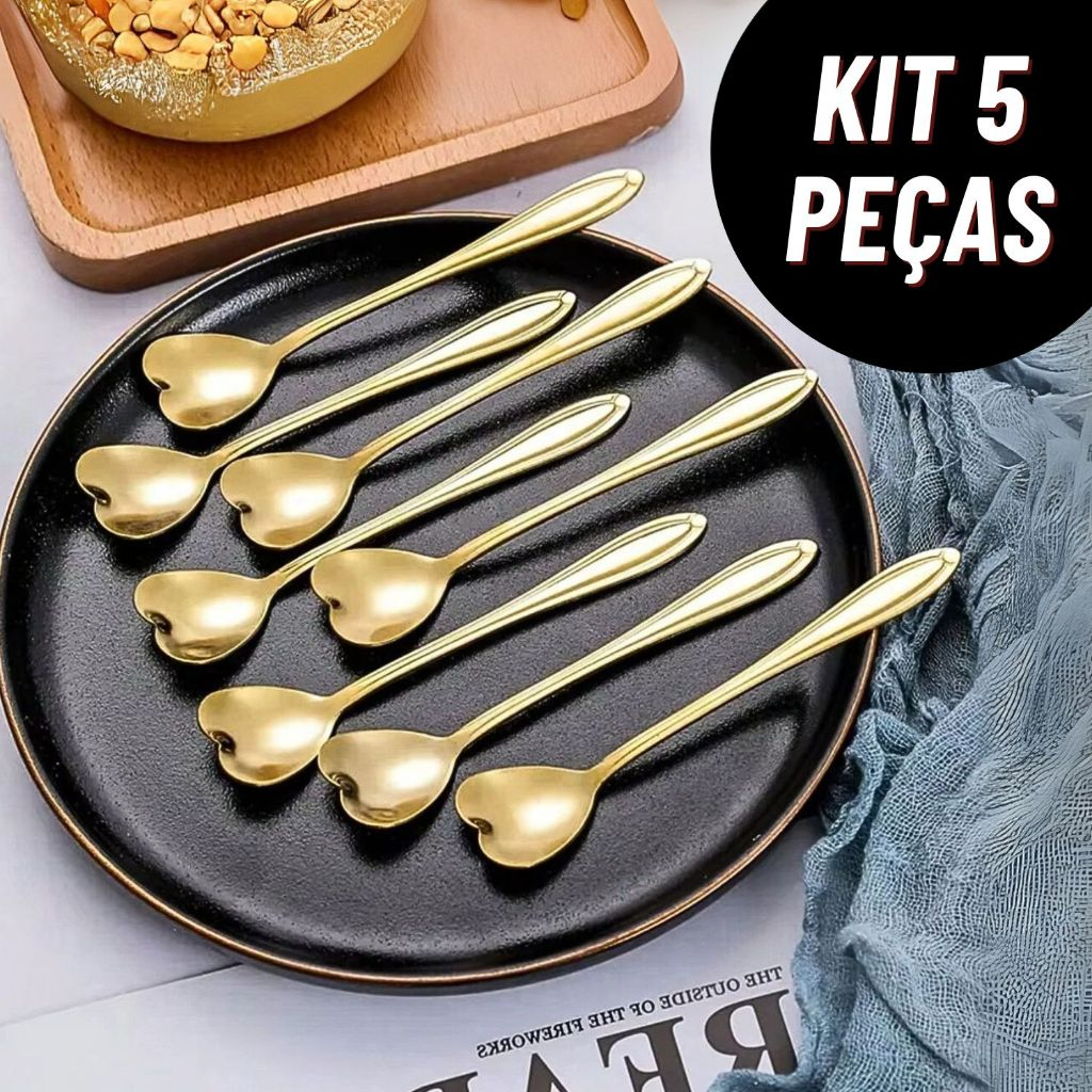 Kit 5 Colheres Coração Fofa para Cozinha Mesa Posta Douradas Café Sobremesa Chá Aço Inoxidável em Oferta na Shopee