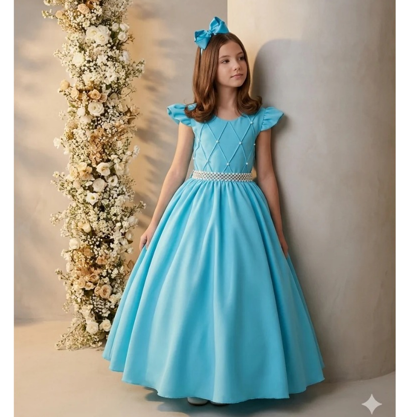 Vestido Infantil Menina Longo Azul Tiffany Dama De Honra Daminha Formatura Evento Casamento Noivinha