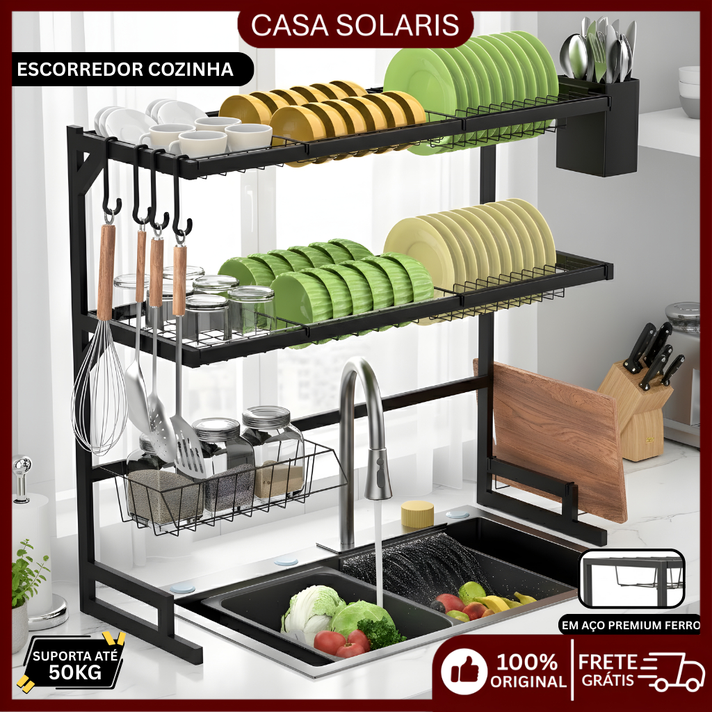 Escorredor de Louça Inox Organizador de Pia Cozinha Rack de Pratos Moderno
