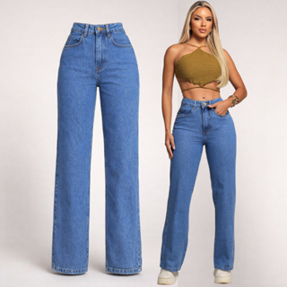 Calça Feminina Wide Leg Jeans Premium Cintura Alta Afina Cintura Casual em Oferta na Shopee