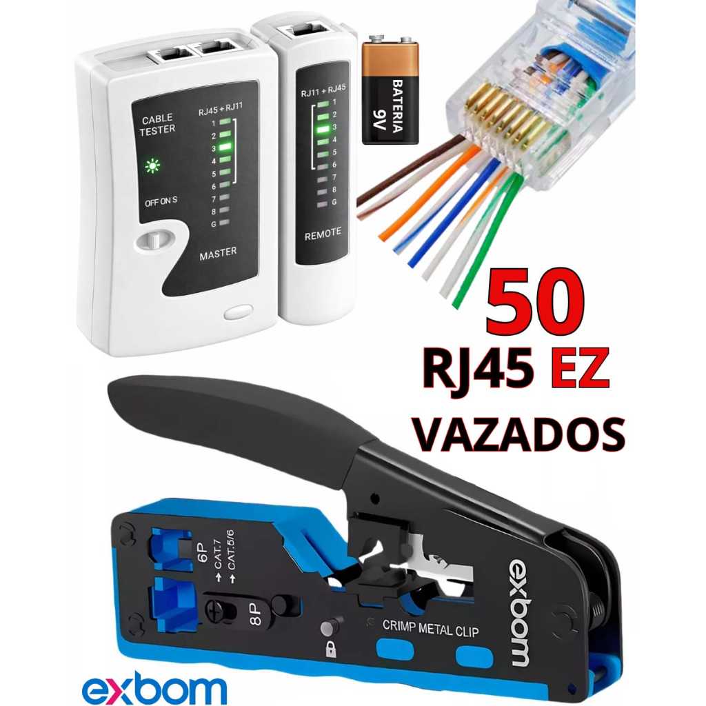 Alicate Crimpar Rj45 Vazado + Testador + 50 Rj45 Ez Passagem em Oferta na Shopee