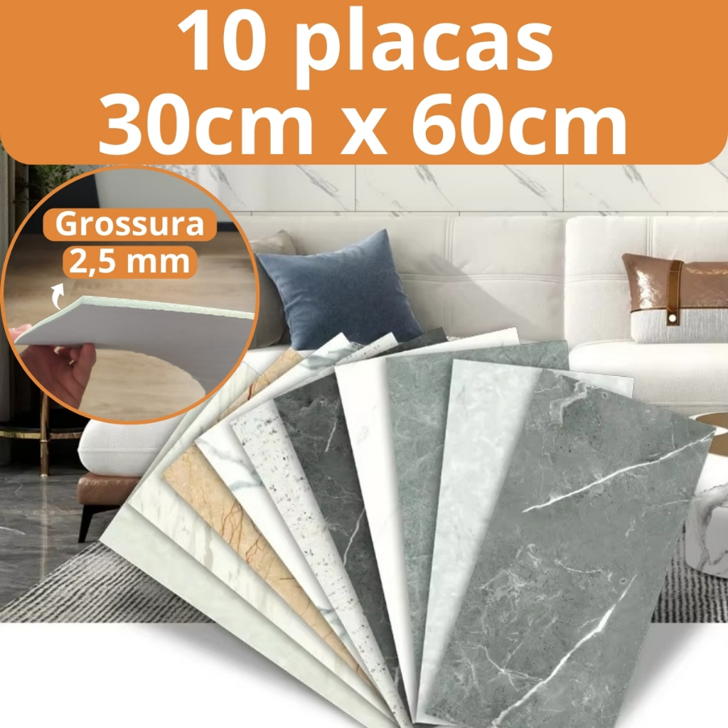 Kit 10 Placas Adesivas Mármore 3D Decoração 30cm x 60cm Lavável Adesivo Parede Autocolante Cozinha Banheiro Lavabo