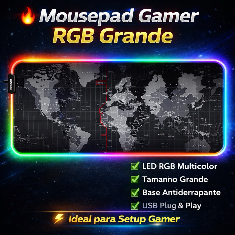 Mousepad Gamer RGB LED XXL Grande Antiderrapante USB Plug Play Mapa Mundial