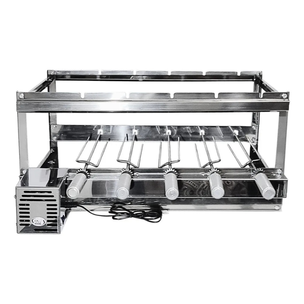 Assador Elétrico Gira Grill Churrasqueira Giratório Inox 5 Espetos Motor Weg Bivolt