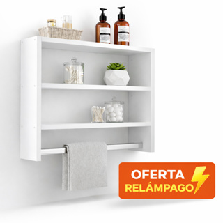 Nicho Para Banheiro com Suporte de Toalha - Prateleira de Parede Organizador Branco MDF, Multiuso em Oferta na Shopee