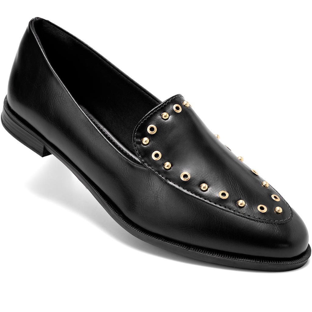Mocassim Feminino Lumiss Bico Redondo Confortável Tachas Ilhós Preto em Oferta na Shopee