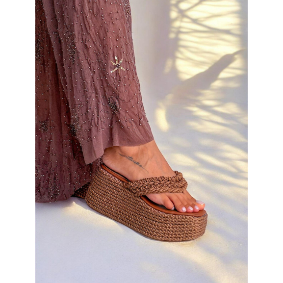 Tamanco De Dedo Anabela Flat em Corda Natural Marrom Plataforma Confortavel Chic e Elegante