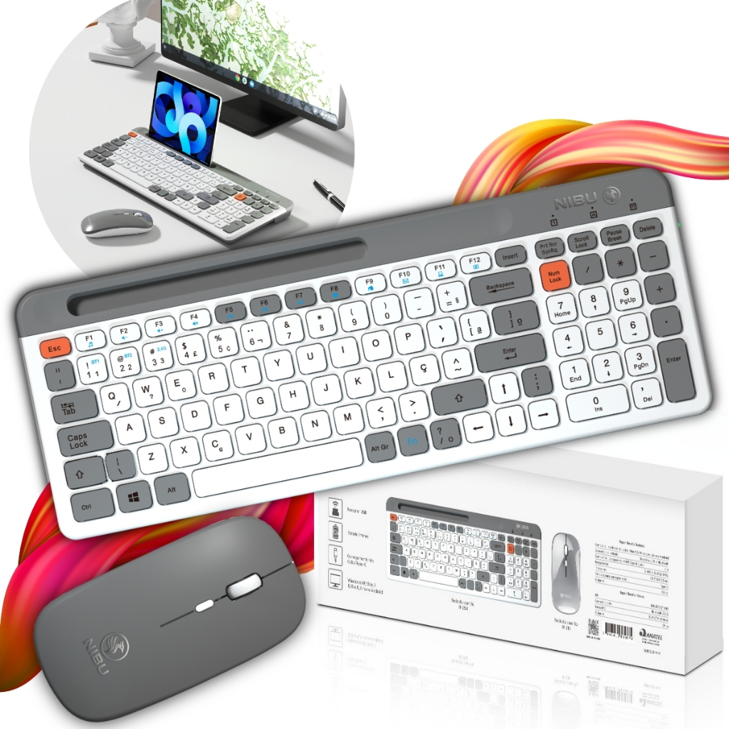 Kit Teclado e Mouse Bluetooth Sem fio Recarregavel 2.4G Teclado Numerico Escritório ABNT2