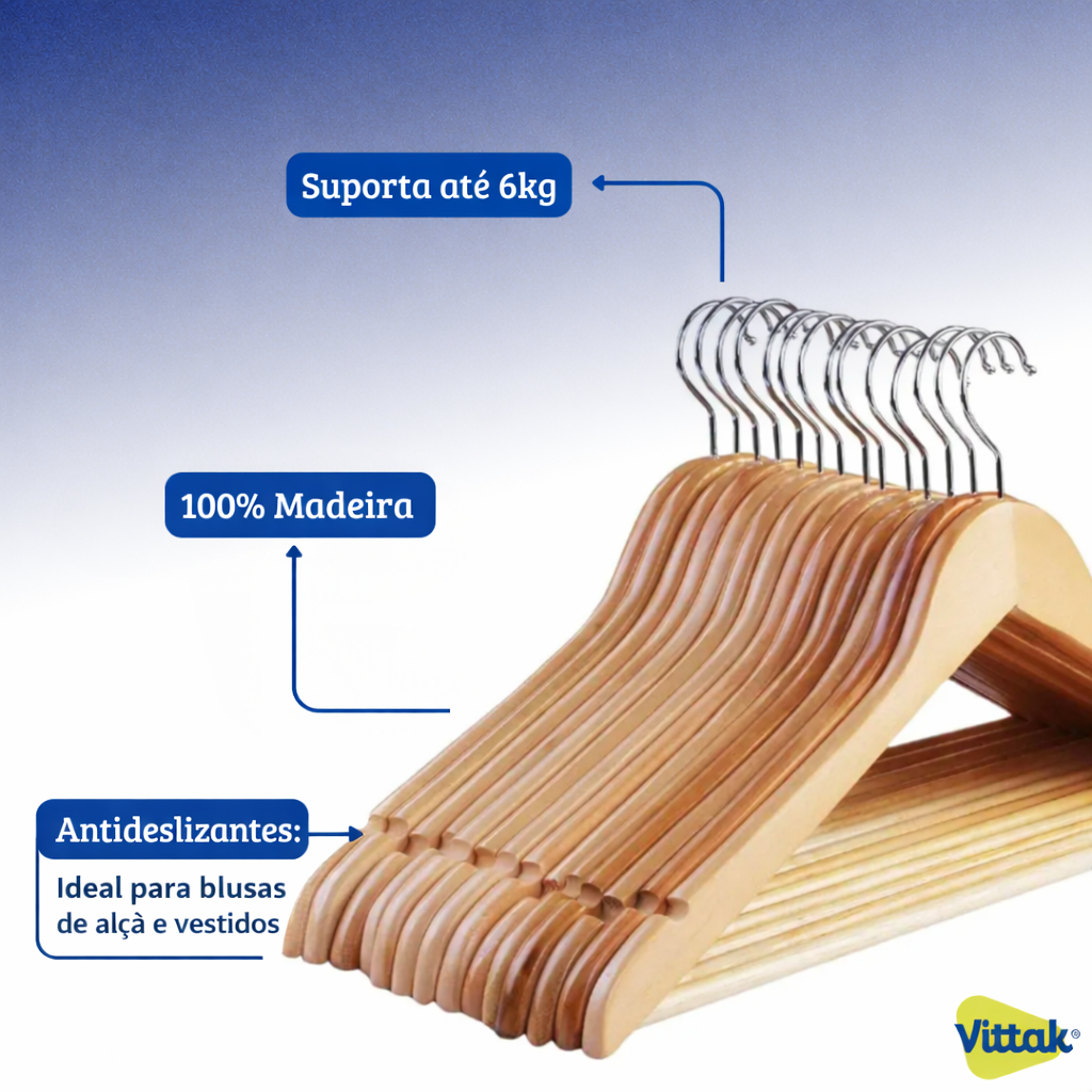 Vittak Cabide de Madeira Marfim Adulto Antideslizante Premium com Gancho Giratório - Kit 10, 20 ou 30 Unidades