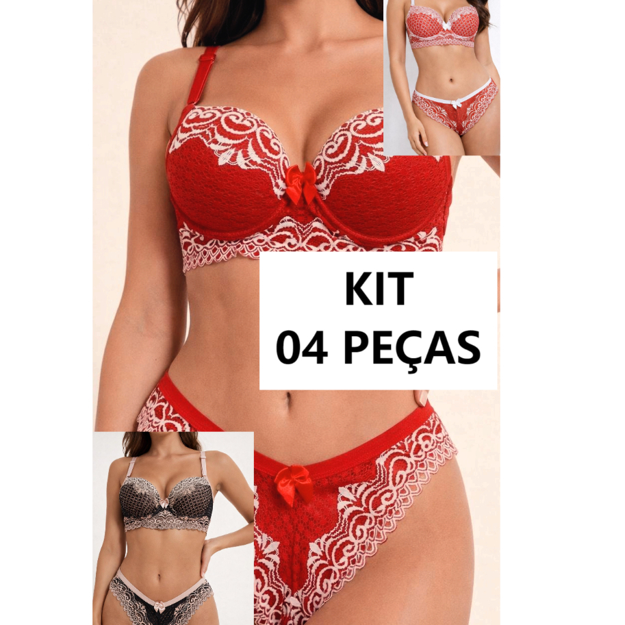 Kit 2 Conjuntos Sexy. Sutiã de Bojo e aro + Calcinha de Renda Luxo. Poliamida e forro de Algodão. Calcinha Tanga. P ou M