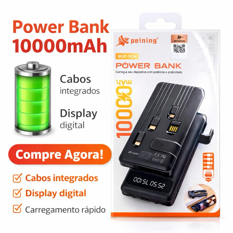 Power Bank 10000mAh Peining WUP-1024| Cabos Integrados | Display Digital | Carregamento Rápido