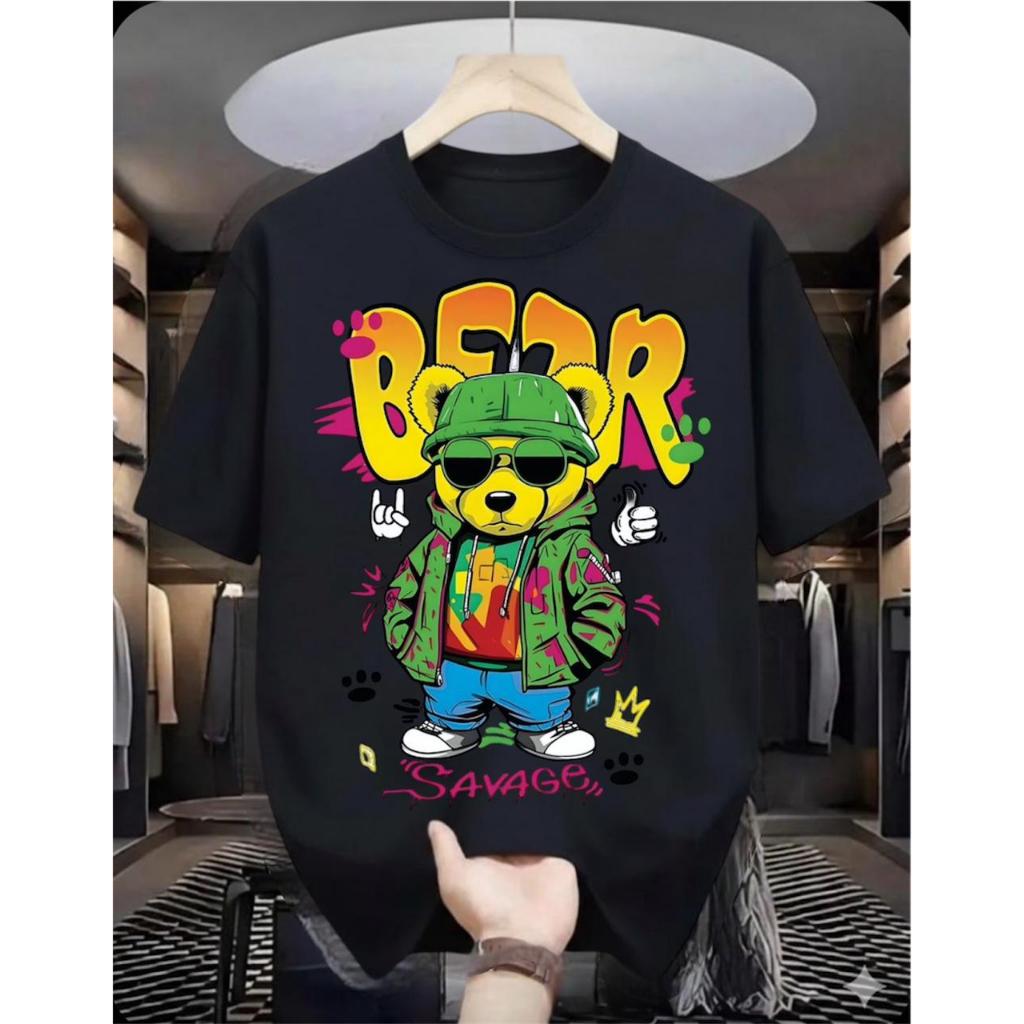 Camisa de algodão  estampada urso nas cores preta e branca, confeccionada com tecido macio e respirável