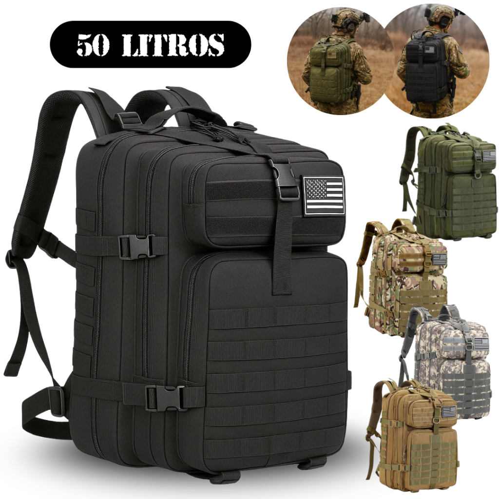 Mochila Militar 50 Litros Tática Grande Antifurto Camuflada Exercito Reforçada Masculina Impermeável Camping