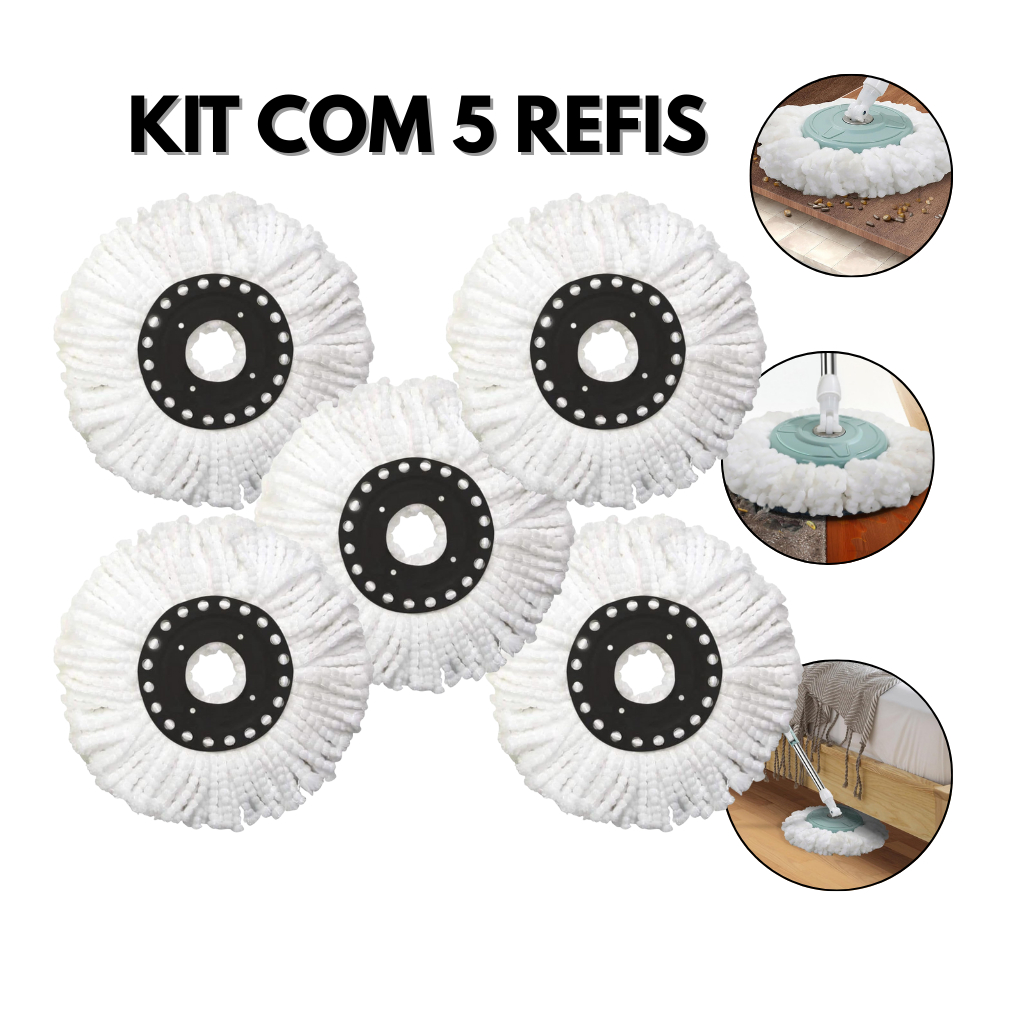 Refil Mop Giratório Kit com 5 Unidades Microfibra para Mop 12L Encaixe 16cm