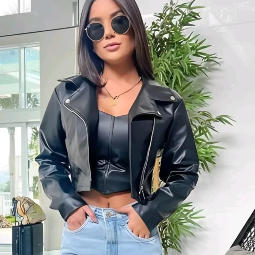 Jaqueta de couro feminina jaqueta moda jaqueta preta com ziper couro ecologico fake  de frio casaco