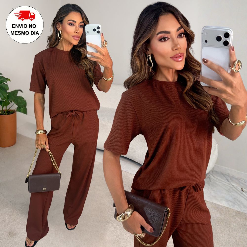 Conjunto Feminino Anaruga Canelado Premium Calça Pantalona + Blusa Manga Curta Casual Confortável Moda 2026 em Oferta na Shopee