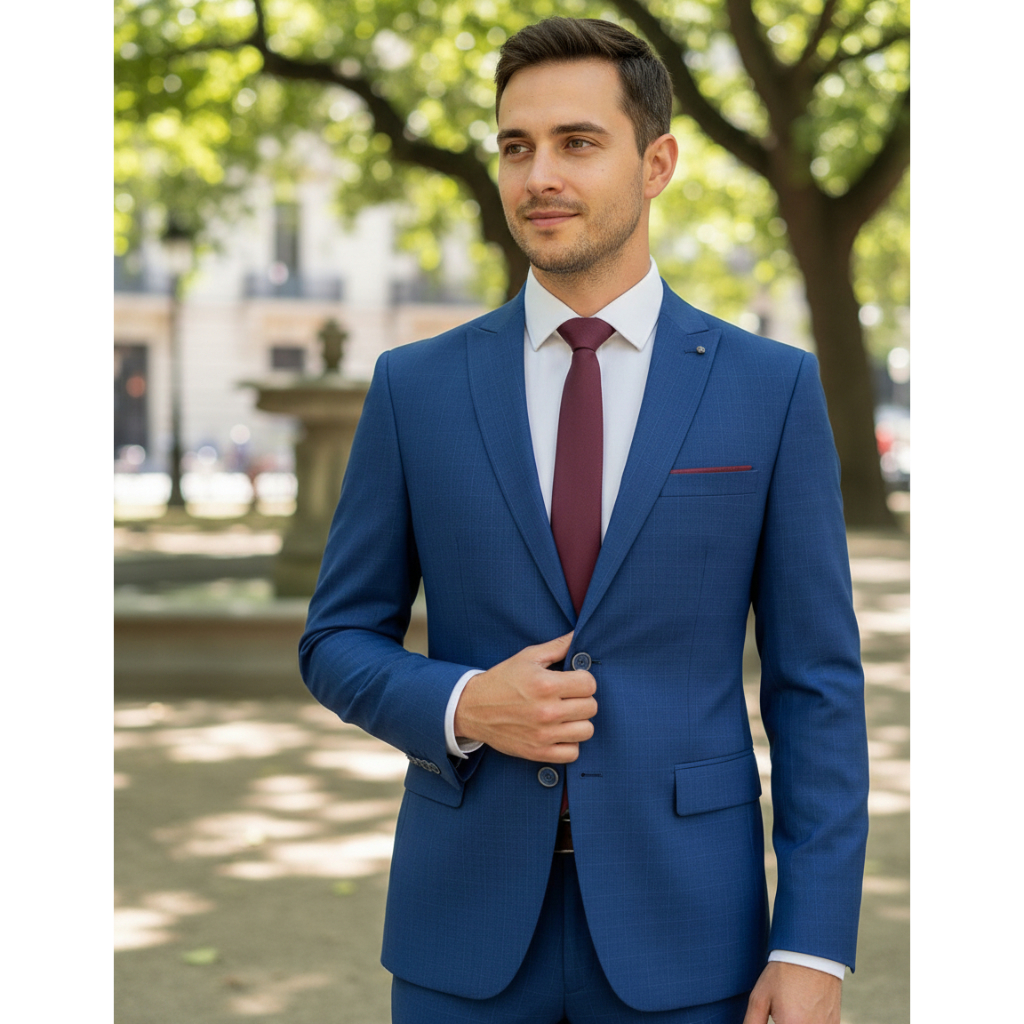 Terno Casemira Masculino Cor Azul Quadriculado Premium Alta Costura De Luxo