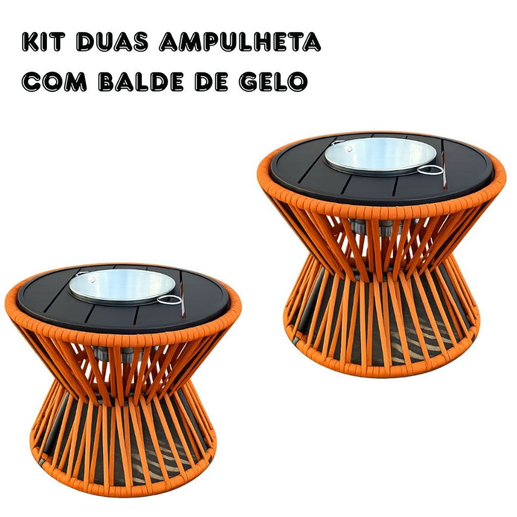 Kit Duas Mesas Centro com Balde Gelo Alumínio Corda Náutica Barzinho Piscina Praia e Churrasqueira