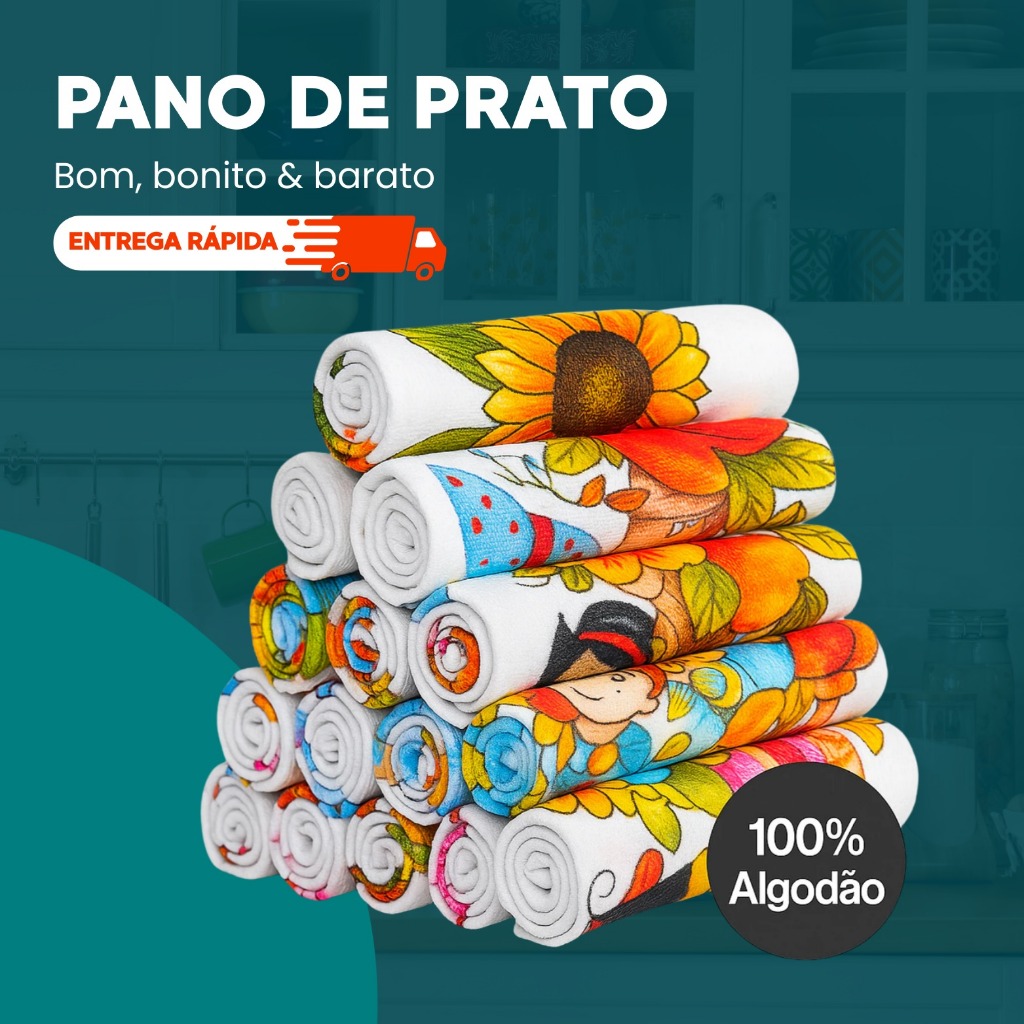Kit 10 Pano de Prato Estampados 100% Algodão Panos Atoalhados para Limpeza de Cozinha e Copa