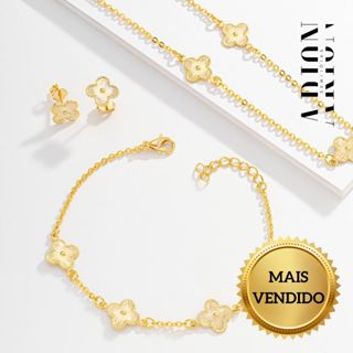 Conjunto Trevo Dourado Delicado Semijoia | Choker Brinco Pulseira Folheado a Ouro 18K em Oferta na Shopee
