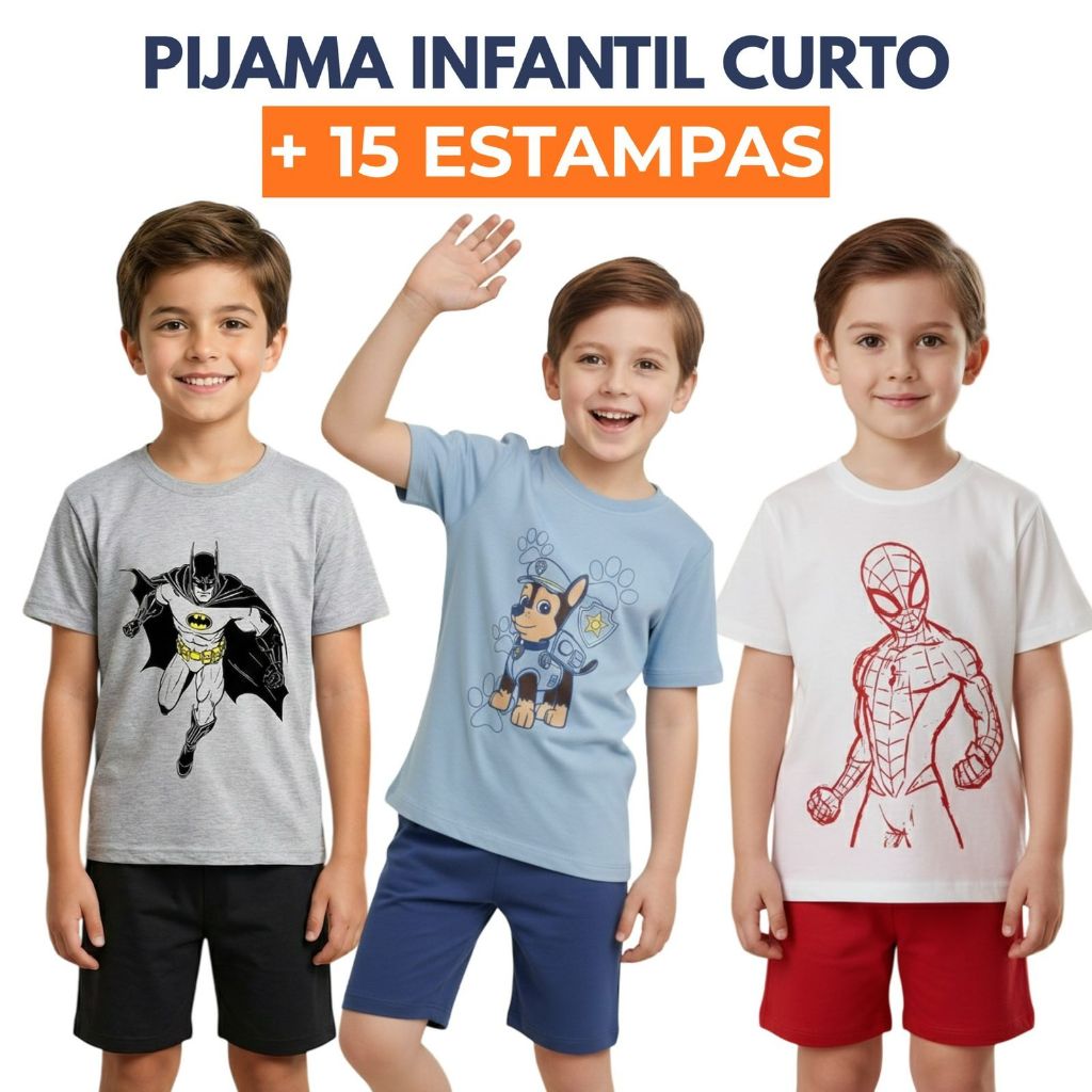 Pijama Infantil Masculino 100% Algodão Estampado Conjunto Curto Menino 1 a 10 Anos
