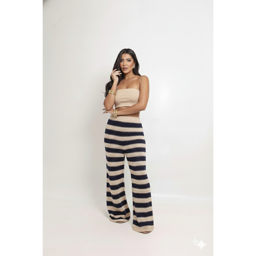 Calça Feminina em Tricot  Listrada – Conforto e Estilo para Todas as Ocasiões (APENAS A CALÇA)