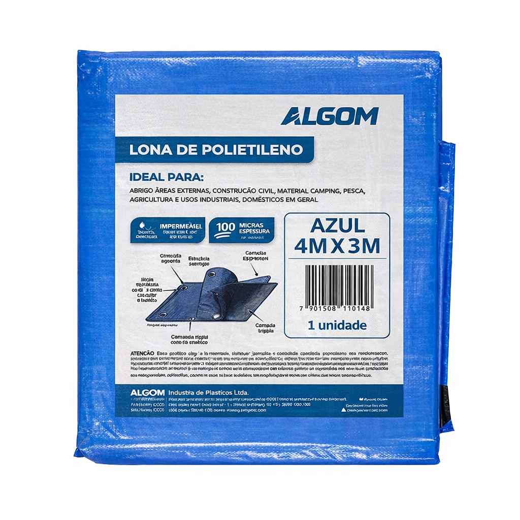 Lona Carreteiro Azul 4x3m com Ilhós – Impermeável Reforçada 100 Micras com Proteção UV