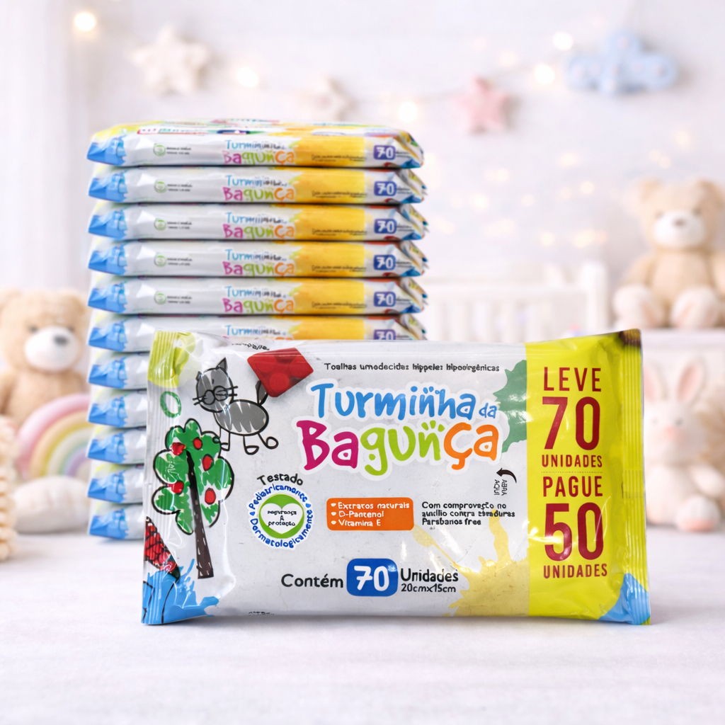 Kit 10 Pacotes de Toalhas Umedecidas TURMINHA DA BAGUNÇA -  70 Folhas (20x15 cm)