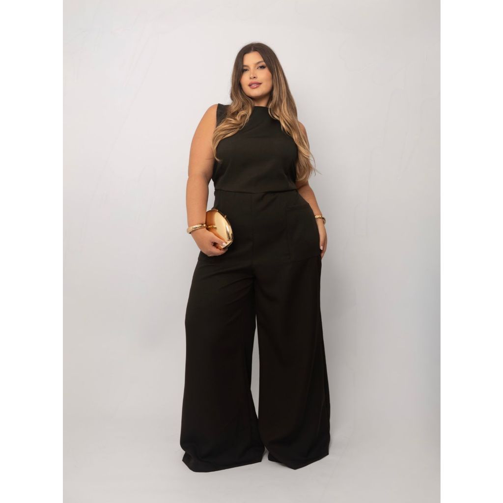 Macacão Feminino Alfaiataria Plus Size Zíper Botão Social Pantalona