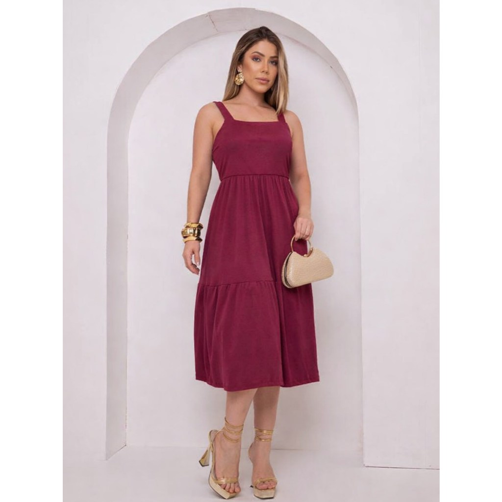 Vestido Mídi Alça Rodado Vestido Moda Cristã Feminino  Casual De Alça Liso